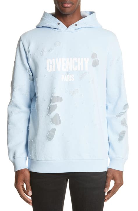 givenchy blue destroyed hoodie|Givenchy crest sweatshirt.